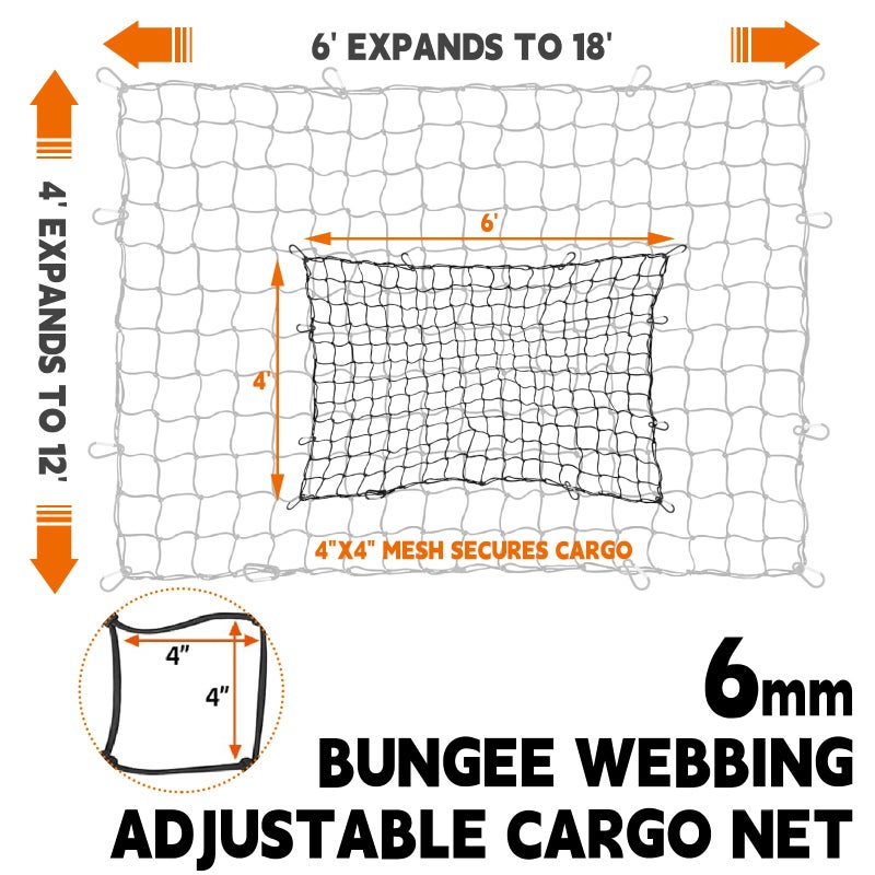 DEDC 4' x 6' Cargo Net for Pickup Truck Bed Stretches to 12' x 18',Universal Heavy Duty Truck Bed Cargo Net for Trailer 4â€x4â€ Latex Bungee Mesh Cargo Net for SUV/Trailer/Ford/Dodge RAM/Chevy/Toyota - Image 2
